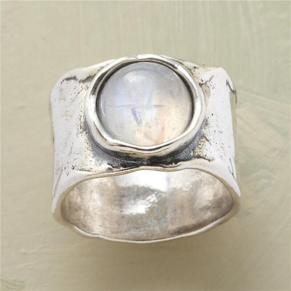Sterling Silver Wide Band Ring with White Moonstone